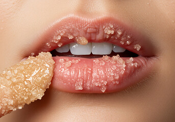 Close-up of Sugar Lip Scrub Application for Soft, Smooth Lips Achieve a Naturally Beautiful Smile