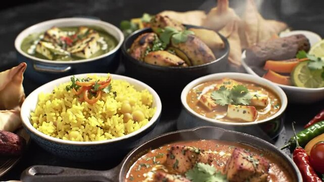 Variety Of Indian Dishes Featuring Curry Rice And Naan On Dark Wooden Tabletop Ready For Restaurant Advertisement