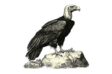 Retro Bird of Prey Sketch, Vulture on Rock Engraving, Vintage Hand-drawn Wildlife, Ornithology Print, Black Monochrome Art, old etching style, vulture illustration, classic bird print