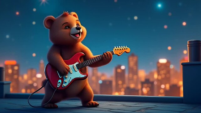 Cute teddy bear playing guitar with city lights

