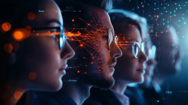 Diverse tech team looking at data visualization interface in dark futuristic environment with orange and blue hues, seamless cinematic video background for AI industry, corporate innovation, or startu