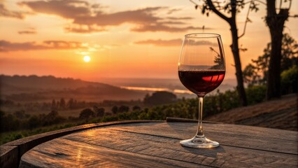 a glass of red wine placed on a wooden surface, golden sunset in the background