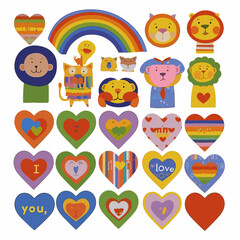 Fototapeta premium Playful Stickers: Colorful assortment of stickers, featuring cheerful animals, vibrant hearts, and a whimsical rainbow. A lively collection perfect for adding a touch of joy and playfulness.