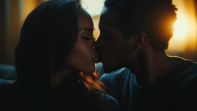 Romantic silhouette of young Black couple about to kiss in golden hour light, dramatic cinematic motion with center copy space for Valentine&rsquo;s Day campaigns, relationship content, or love story videos