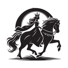 silhouette of a princess riding a horse, editable vector image