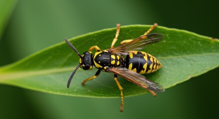 Fototapeta premium Macro Photography of a Yellow Jacket Wasp Resting on a Vibrant Green Leaf in its Natural Habitat