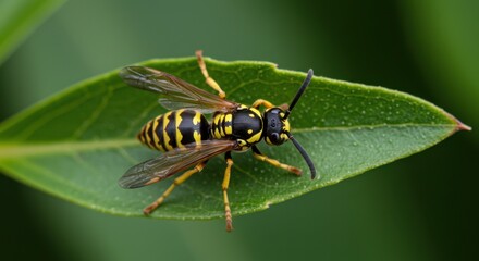 Fototapeta premium Closeup Photography of a Yellow Jacket Wasp Resting on a Vibrant Green Leaf in a Lush Natural Setting