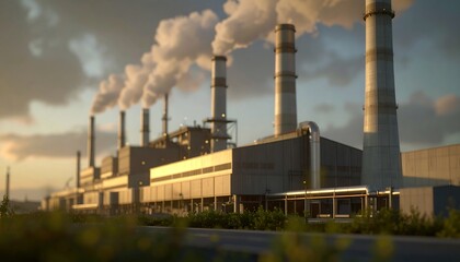 Industrial Power Plant at Sunset Smoke Stacks and Pollution Emission