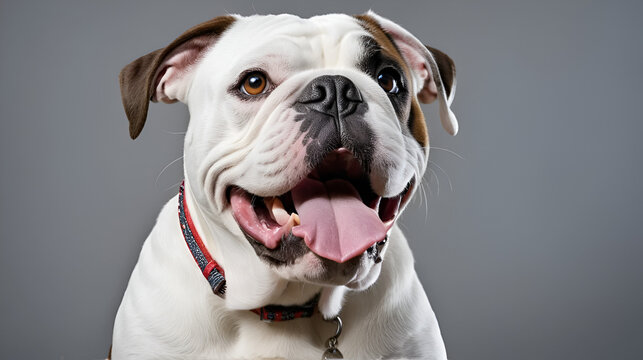 Beautiful Alapaha Blueblood Bulldog with underbite on a grey background