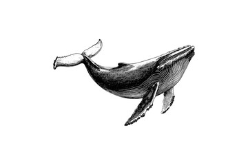 Whale Swimming Engraving, Monochrome Marine Animal Art, Vintage Wildlife Print, Nautical Sea Creature Illustration, Hand-drawn Ocean Fauna, Black Sketch, Classic Engraving