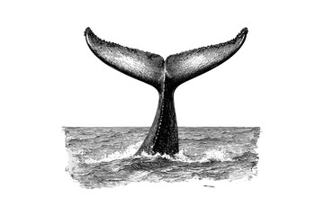 Hand-drawn whale tail engraving, vintage ocean creature illustration, monochrome marine mammal line art, nautical fauna print, old engraving style, sea wildlife art, ocean nature sketch © Vintage Studio