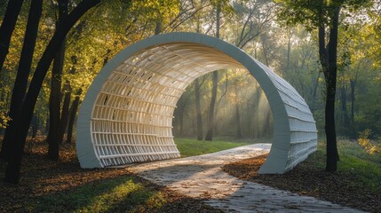 Fototapeta premium Tunnel art installation in autumn park with sunlight and leaves. Perfect for travel, nature, architecture, or abstract design concepts.