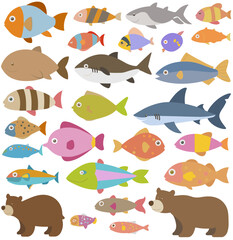 Naklejka premium Colorful Marine Life Array: A vibrant collection of assorted fish, showcasing diverse shapes, sizes, and an array of vivid colors. A playful illustration of marine creatures.