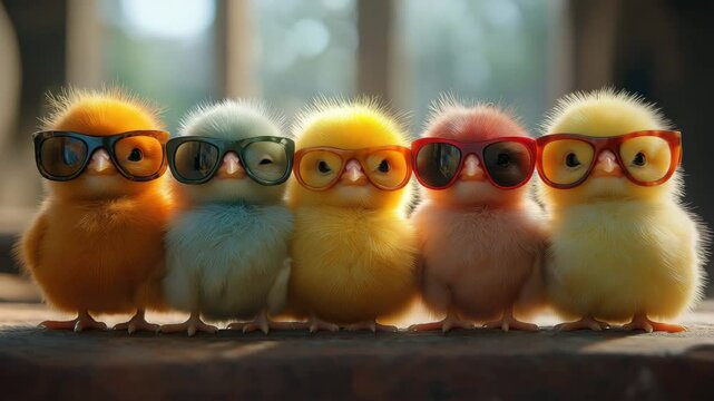 Row of five colorful fluffy chicks wearing sunglasses in soft morning light, playful and humorous video in warm tones for spring campaigns, Easter promotions, or children's content, with center copy s