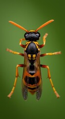 Magnificent Closeup of a Wasp  Against a Vibrant Green Background: Detailed View of Insect Anatomy