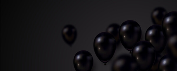 Elegant black balloons floating with soft reflections, minimalistic graphic style on a dark gradient background. Concept of celebration. Vector illustration