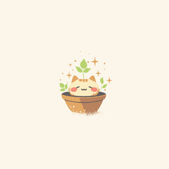 Blooming Companion: A delightful illustration of a cute cat blossoming inside a small flowerpot, its cheerful face surrounded by vibrant green leaves and gentle stars.
