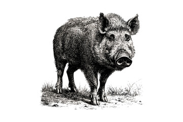 Antique Wild Boar Sketch, Vintage Forest Mammal Engraving, Hand-drawn Wildlife Illustration, Monochrome Etching in Retro Nature Style, rustic woodland art, detailed drawing