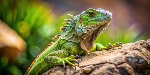 Obraz premium Green iguana perched on a large granite rock in the desert, with its claws gripping tightly , animals