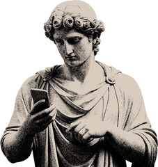 illustration Ancient Greek Statue Using a Smartphone – Modern Technology Meets Classical Art with engraved style