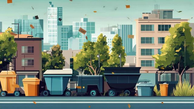 cityscape of dumpsters with falling leaves in the wind in autumn time