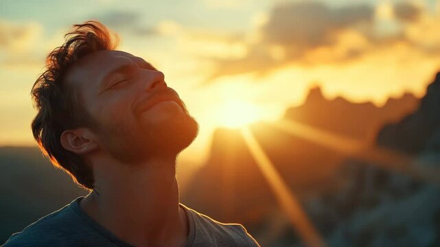 Young man enjoying sunset with eyes closed in mountain landscape, peaceful moment of gratitude and reflection, perfect for mindfulness, travel ads, and mental wellness content, with left copy space, c