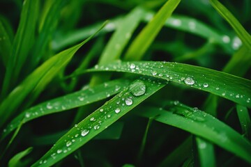 Closeup of green grass with raindrops glistening in the sunlight after a refreshing rainfall, Green grass close up raindrops slowly falling on the grass