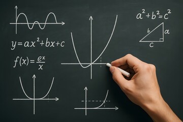 A teacher’s hand sketches quadratic curves and algebraic formulas on a chalkboard. Concept of mathematical analysis and problem solving.