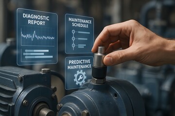 A technician adjusts a valve on heavy machinery with floating diagnostic and maintenance panels. Concept of predictive maintenance and equipment health monitoring.