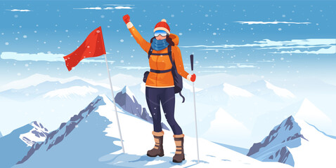 Female climber in winter gear stands triumphantly on snowy summit with a red flag, cartoon style on mountain background. Concept of achievement. Vector illustration