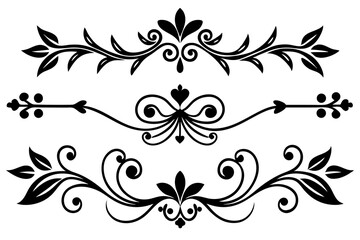 A vintage vector set presents ornate black floral design elements including swirls, scrolls, and leaf silhouettes for decoration and frame art