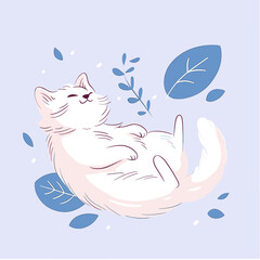 Whimsical Cat Nap: A dreamy cartoon depicts a contented cat basking in serenity, surrounded by delicate leaves, in a light and airy design.