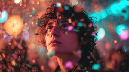 Curly-Haired Person in a Dreamy Celebration with Falling Confetti