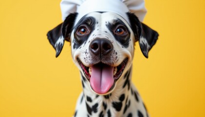 Playful dog chef in kitchen animal portrait bright yellow background whimsical style close-up view