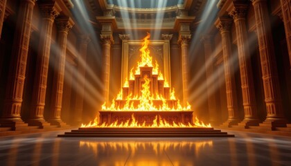 Majestic fire ceremony ancient temple fantasy artwork dramatic lighting front view spiritual concept