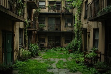 Overgrown courtyard with lush green plants and vintage apartment building facades. Ideal for themes of urban decay, nature reclaiming space, or secret gardens.