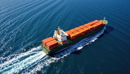 Container ship transporting cargo across open ocean aerial view maritime industry blue water environment