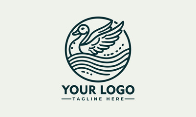 Minimalist Line Art Logo of a Duck in a Circle with Water Lines. Animal Logo Concept