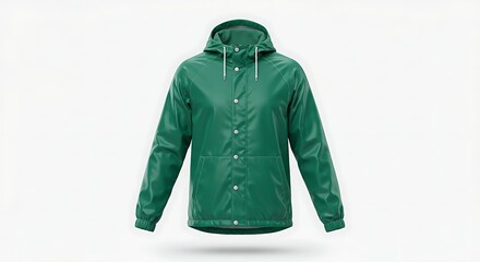 Emerald rain jacket suspends midair on white