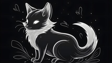 23. Friendly spirit with a glowing tail and soft smile, illustrated in bold black and white line art