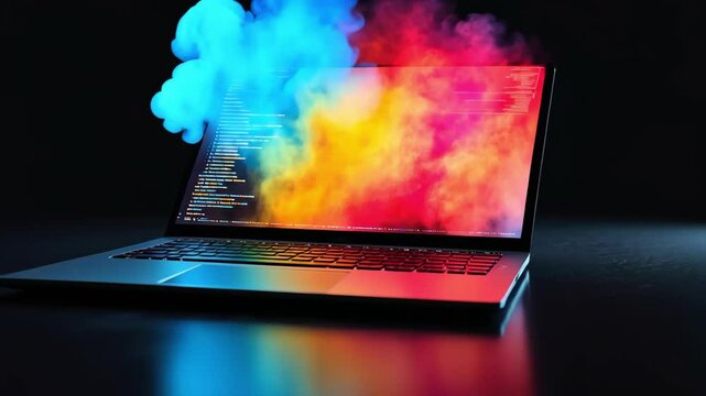 laptop displaying colorful abstract graphic with program code, innovation and technology concept