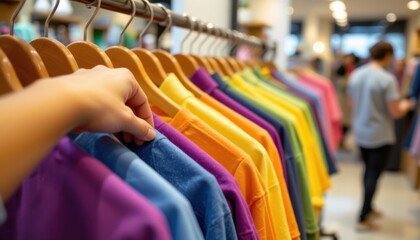 Shopping experience colorful t-shirts displayed in a retail store indoor environment vibrant viewpoint