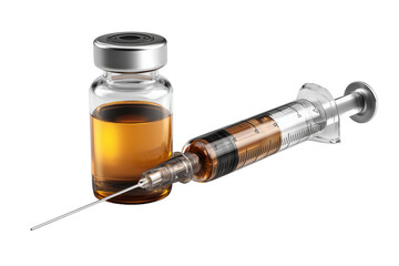 A set of realistic 3D morphia ampoules and syringes with stainless steel needles isolated on a transparent background
