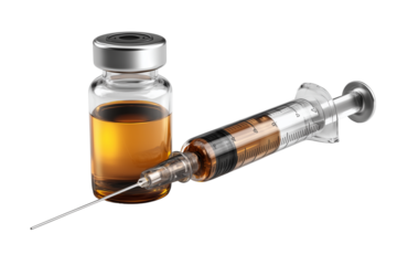 A set of realistic 3D morphia ampoules and syringes with stainless steel needles isolated on a transparent background