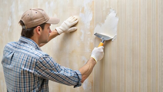 Person removing wallpaper adhesive from textured wall surface , wallpaper removal, residue, wallpaper removal, residue