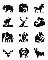 Obraz premium Animal Icons: A collection of 12 simple, stylized animal icons - elephant, wolf, bear, and deer - perfect for minimalist designs or branding. Each icon is vectorized and comes in a simple.