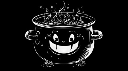 33. Cartoon cauldron with bubbling brew and smiling face, illustrated in bold black line art with no shading