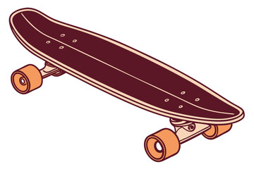 kateboard, wooden, retro style, old, vintage, dark brown, orange wheels, minimalist, sleek design, isolated on white background