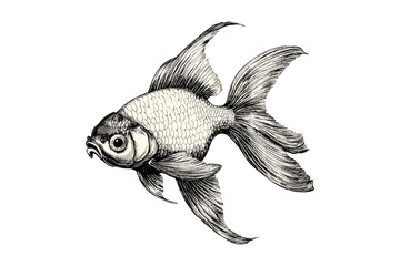 Vintage goldfish swimming sketch, monochrome aquatic animal illustration, hand-drawn ocean creature print, scientific marine life engraving, rustic fish line art, trendy natural history art