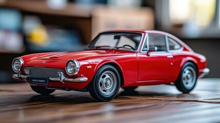 Fototapeta premium Red collectible car model on wooden table